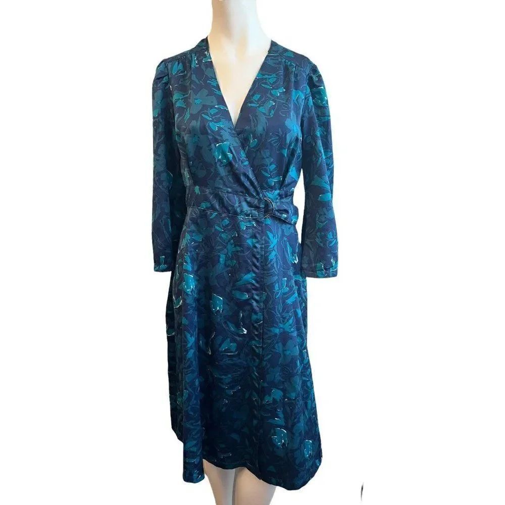 Ladies XS Floral Midi Wrap Dress Satin Feel Belted Navy Blue Teal Green